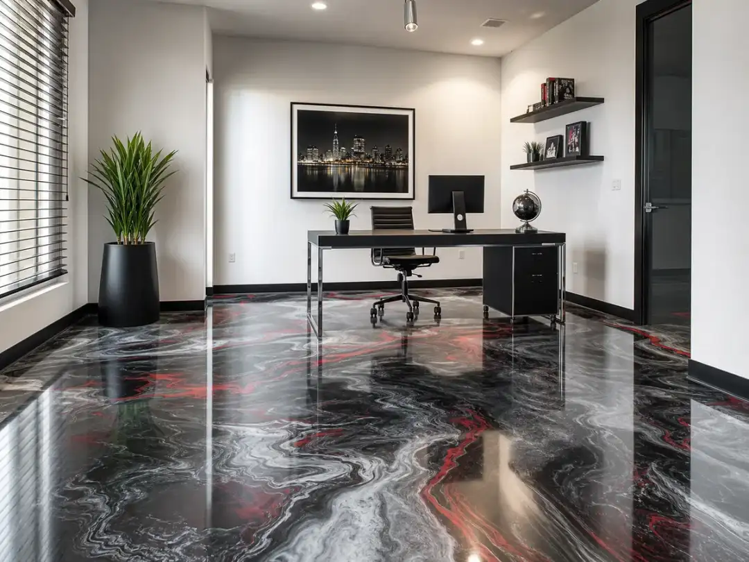 Pirate Cove Epoxy Black and red metallic epoxy interior floor