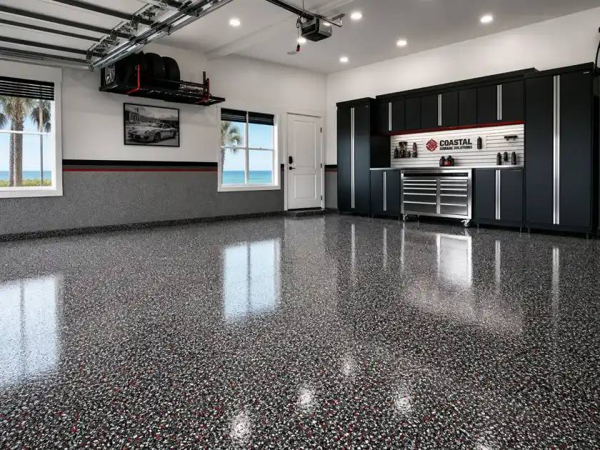 Pirate Cove Epoxy Premium two-car garage flake epoxy floor
