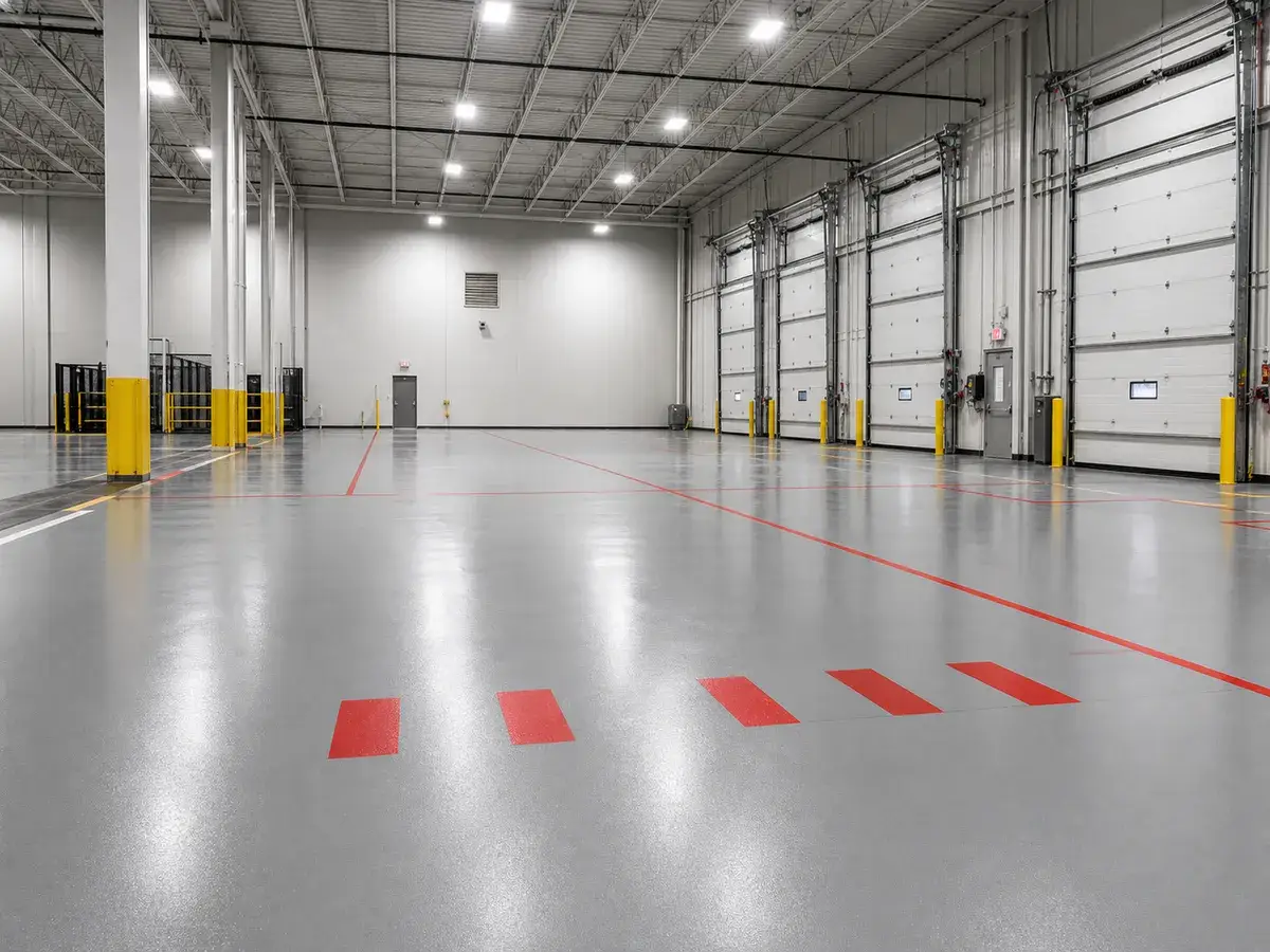 Pirate Cove Epoxy Commercial warehouse epoxy floor with safety lines