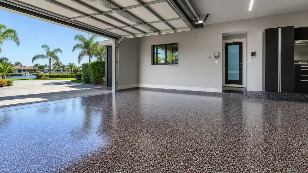 Pirate Cove Epoxy Finished flake epoxy garage floor by Pirate Cove Epoxy